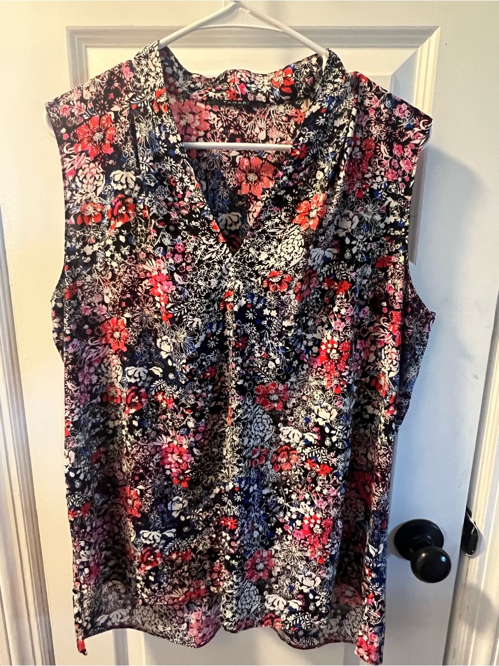 Tahari Navy Floral V-Neck Sleeveless Camisole with Pink & White Accents